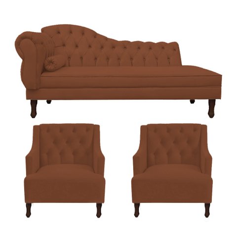 Kit Divã Cancun 140 cm Braço Direito + 2 Poltronas Genesis Marrom