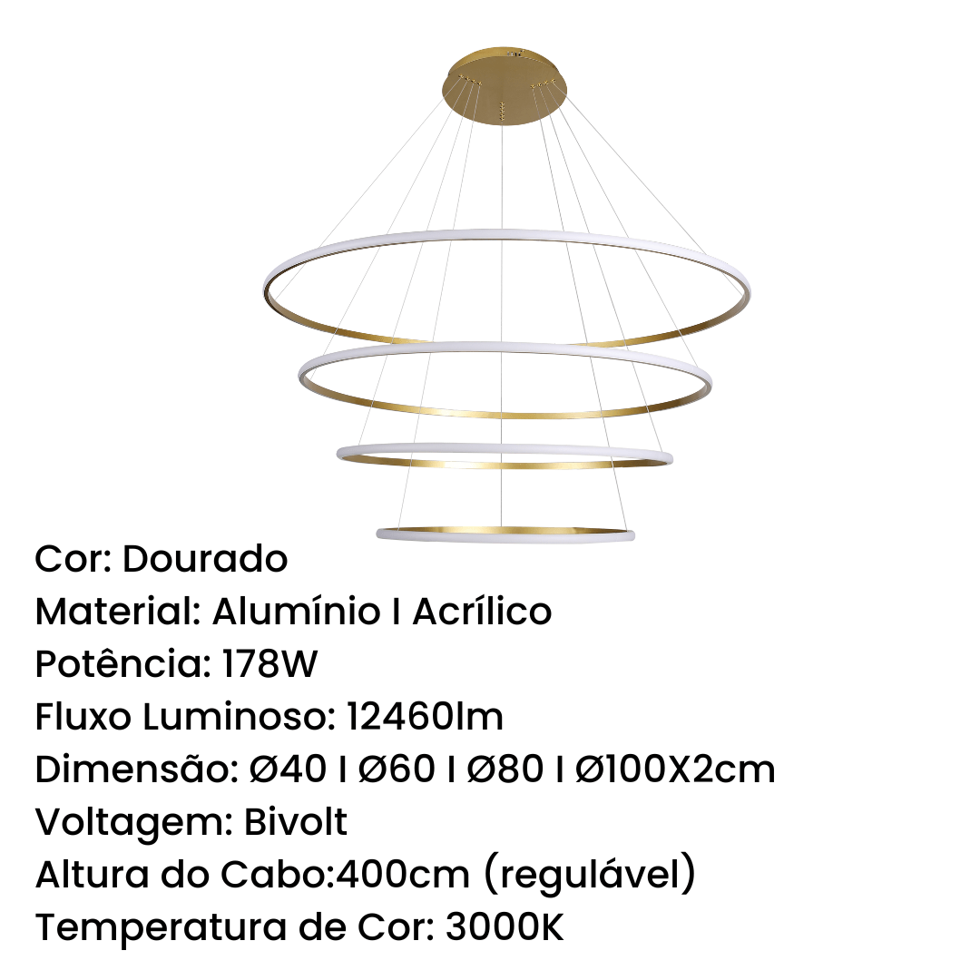 Luminária Pendente 178w 4 Aros 40/60/80/100cm 3000k Bivolt Led Integrado Dourado - 2
