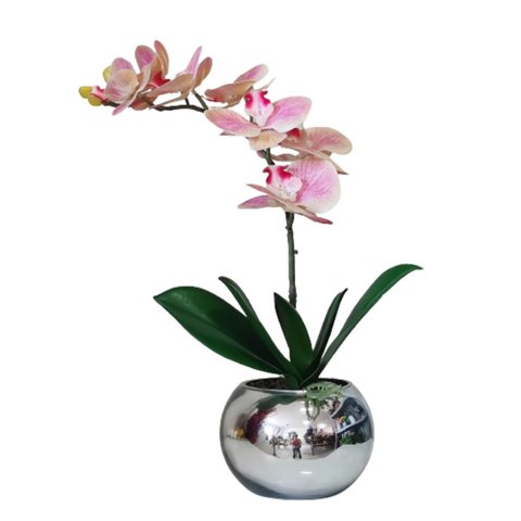 Arranjo No Vaso Prata Flores Artificial Orquideas Rosa