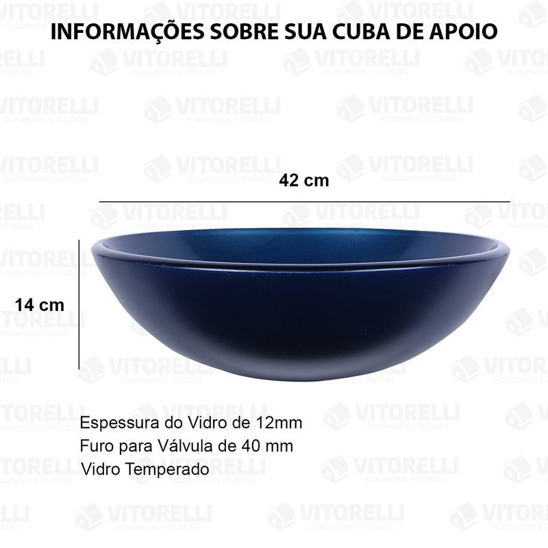 Kit Cuba de Sobrepor 42cm Azul + Toneira Cascata Metal + Válvula click - 4