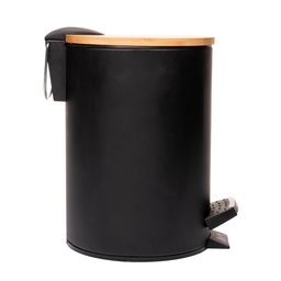 Lixeira Redonda Metal Pedal Tampa Bambu Preta 3l Lyor - 1