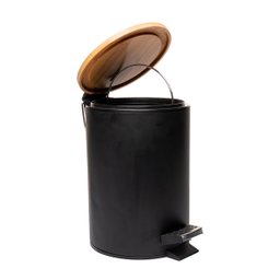 Lixeira Redonda Metal Pedal Tampa Bambu Preta 3l Lyor - 3