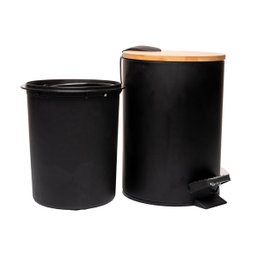 Lixeira Redonda Metal Pedal Tampa Bambu Preta 3l Lyor - 4