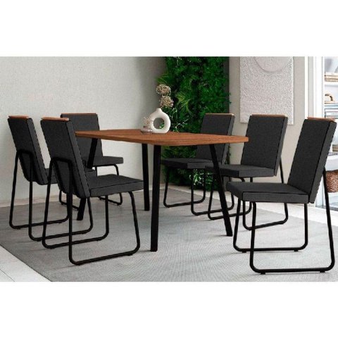 Sala de Jantar Completa Stellar 1597 Aço C- Tampo Madeirado 160x90cm e 6 Cadeiras Lira Preto-nogal