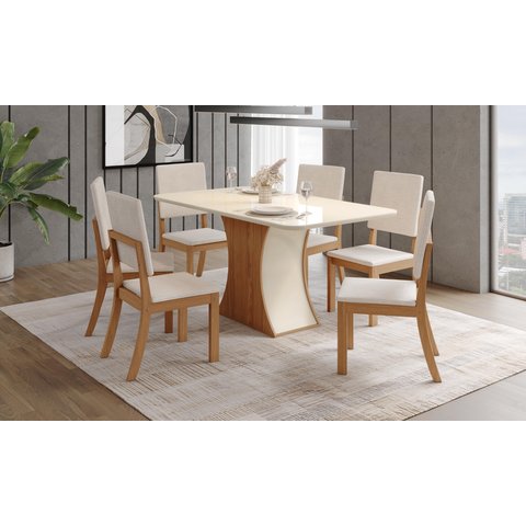 Mesa de Jantar Luiza 160 C. Vidro 6 Cad. Milla Linho - Henn