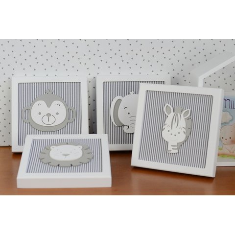 Kit 04 Quadros Tema Safari Quarto Infantil Bebê Decoração Parede D197 Maternidade Cinza Leão Zebra