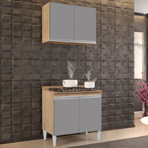 Armário Aéreo Califórnia e Balcão Para Cooktop Flórida Castanho/Cinza - Lumil Lumil Móveis