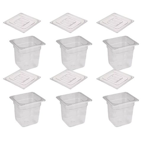CONJ 6 Cuba Gastronômica Policarbonato GN 1/6X150 mm 2,2 L Transparente com Tampa Poli Simples