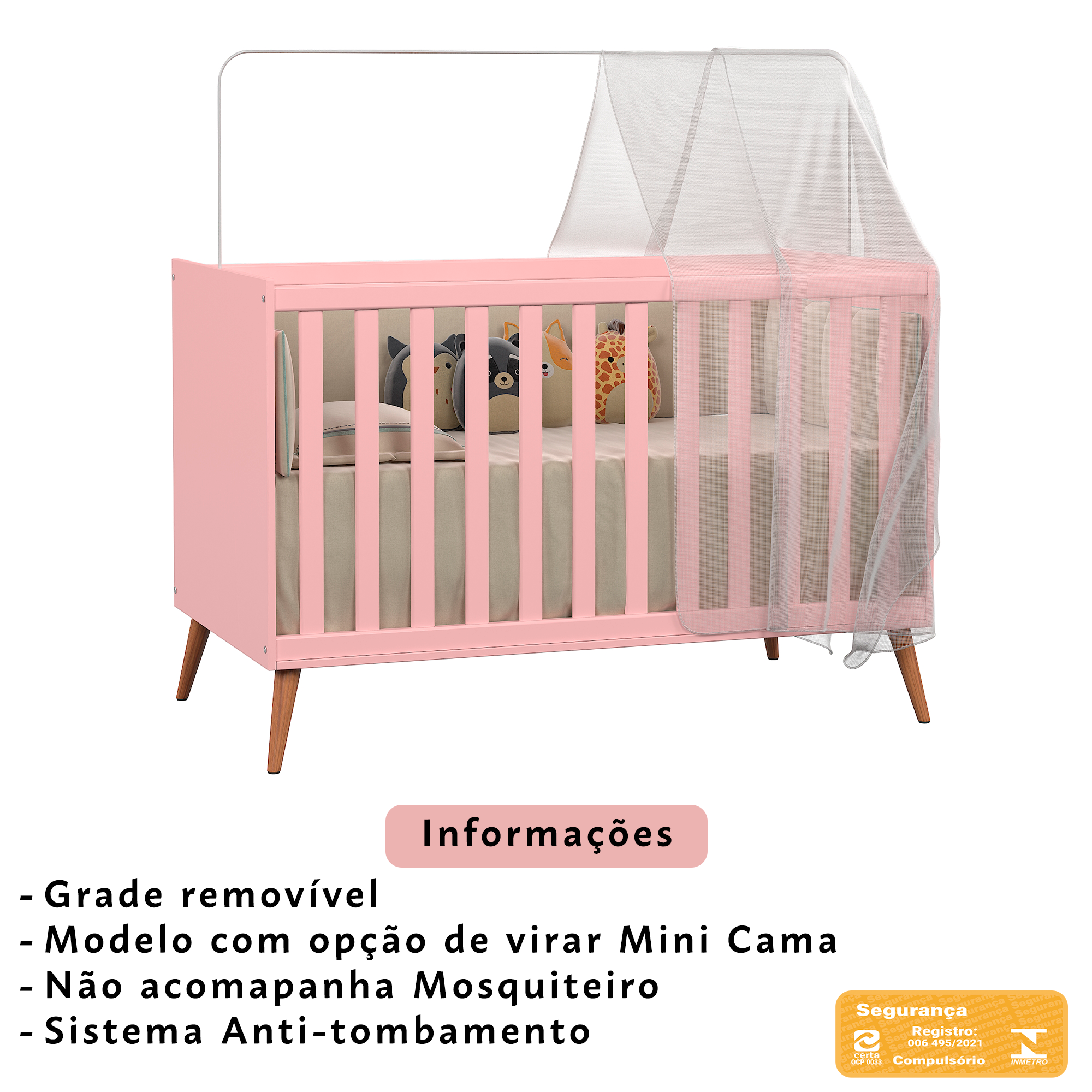 Berço Mini Cama Americano Retrô para Quarto de Bebê com Grade Removível e Colchão Infantil - 9