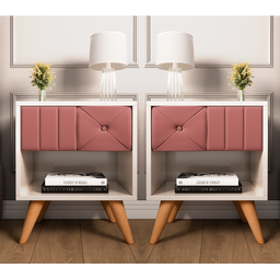 Conjunto 2 Mesa de Cabeceira Glamur Tokio Decor Pé Madeira Gaveta Estofada Corrediça Telescopica-jc - 1