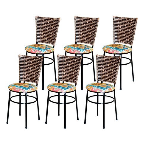6 Cadeiras para Mesa Preta Hawai Avelã Assento Floral:happy Hour