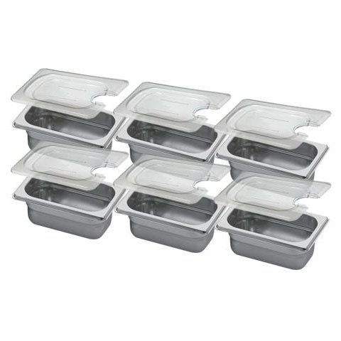 Conj 6 Cuba Gastronômica Inox GN 1/9x65 mm 0,67 L sem alça COM TAMPA COM ABERTURA