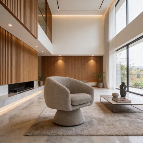 Poltrona Orgânica Giratoria Redonda Sala Venus Confortável Elegante Sapatas Plásticas Linho