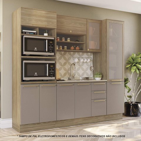 Armário de Cozinha Modulada Completa Reta 4 Peças 2,40m 195 Botanic Kappesberg - Nogueira/Fendi