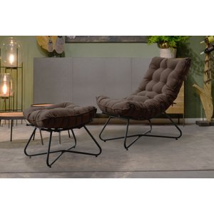Poltrona Costela com Puff EVA Base Metal Preto - Veludo Marrom