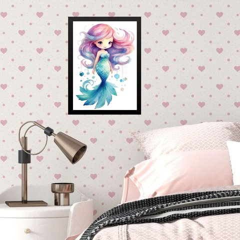 Quadro Infantil Menina Sereinha Aquarela 33x24cm - com Vidro:madeira Branca