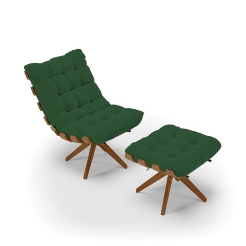 Kit 01 Poltrona e 01 Puff Giratório Costela Veludo Verde Base Madeira MA25 - D’Rossi