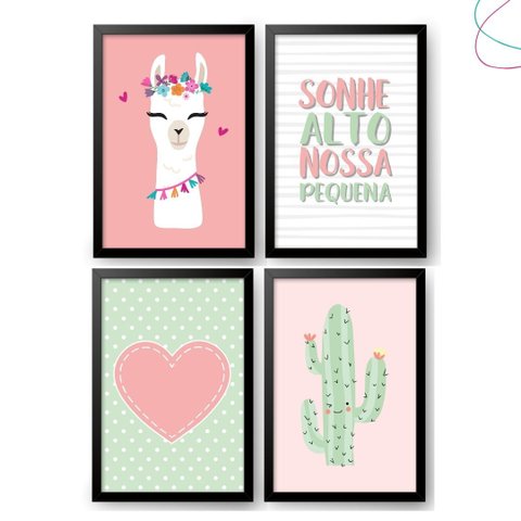 4 Quadros Decorativos Infantil Lhama e Coração com Moldura:preta