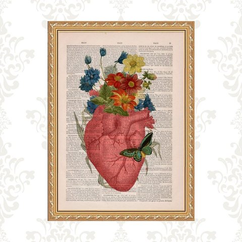 Quadro Moldura Dourada Coração Flores Borboleta 24x18cm:com Vidro