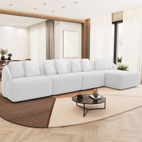 Sofá 5 Lugares com Chaise Direito Sala Living 328cm Arlo F04 Bouclê Off White - Lyam Decor