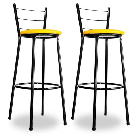 Kit 2 Banquetas Alta Bistrô Aço Preto Assento Amarelo