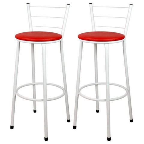 Kit 2 Banquetas Alta Bistrô Aço Branco Assento Vermelho