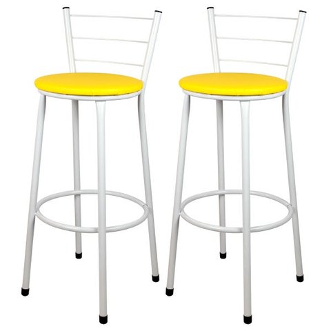 Kit 2 Banquetas Alta Bistrô Aço Branco Assento Amarelo