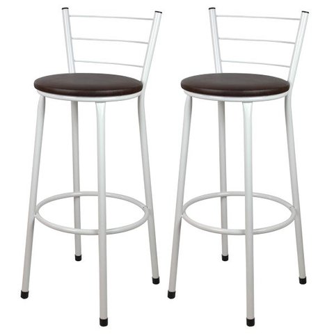 Kit 2 Banquetas Alta Bistrô Aço Branco Assento Marrom