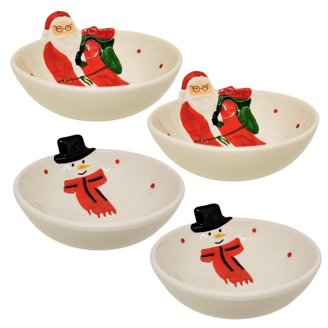 Jogo 4 Tigelas Bowl Cerâmica Natal Papai Noel e Boneco de Neve 13cm 250ml - Master Christmas