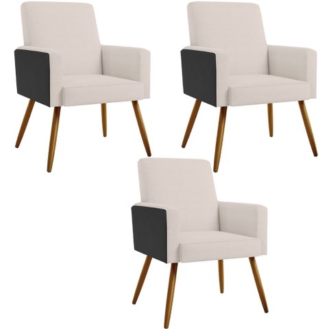 Kit 03 Poltronas Decorativa Maria W01 Pés Palito Linho Cru Couríssimo Preto - Lyam Decor