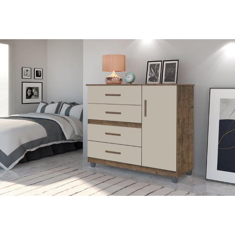 Cômoda Organizadora Pr 4 Gavetas e 1 Porta Cor Canela / Off White