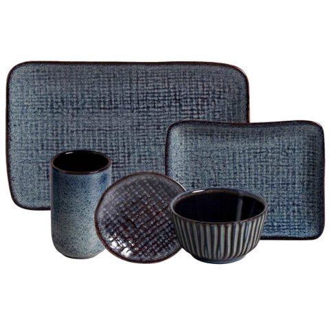 Conjunto 30 Peças Cerâmica Azul Escuro Titanium Porto Brasil Travessas Ramequins Copos Japonês