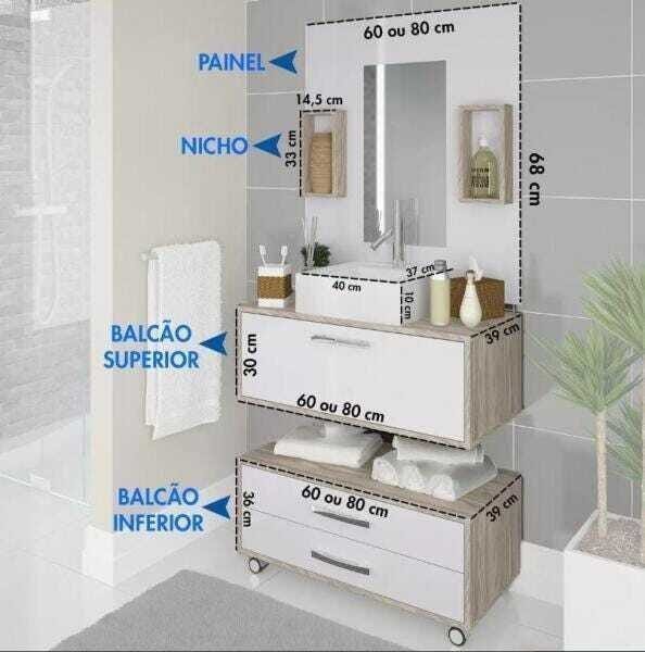 Conjunto para Banheiro 1 Espelheira e Cuba com Nichos Gabinete Suspenso e Gaveteiro - 5