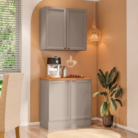 Cozinha Modulada Compacta Americana 2 Peças com Balcão 2 Portas Tampo Unna Griss