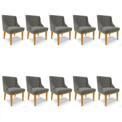 Kit 10 Cadeiras Estofadas para Sala de Jantar Base Fixa de Madeira Castanho Lia Suede Grafite - Ibiz