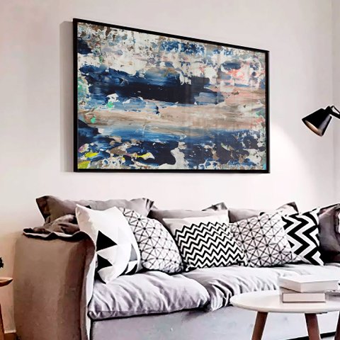 Quadro Decorativo Caixa Pincelada Azul  Tacolado Moldura Caixa 3cm Madeira com Vidro 40 X 60cm