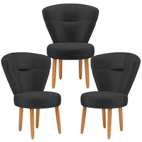 Kit 3 Poltronas para Recepção Camarim Sala de Jantar Ergonômica Tecido Veludo Pés de Madeira