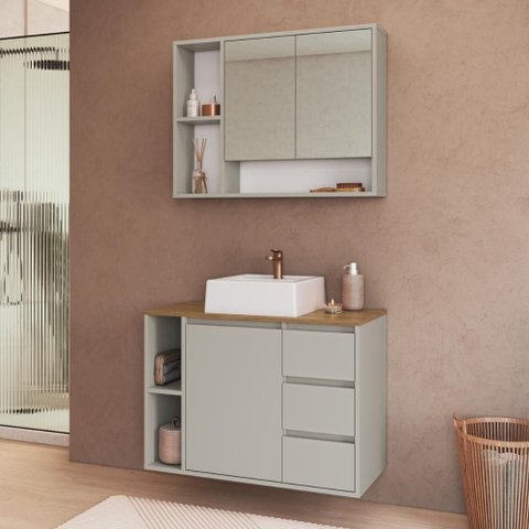 Conjunto Banheiro Gabinete com Cuba e Espelheira 3 Portas 3 Gavetas 80cm Multimóveis Crart-CON006