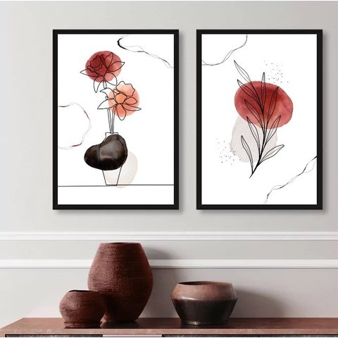 Kit 2 Quadros Decorativos Flor e Folha- Manchas Aquarela 24x18cm:madeira Preta