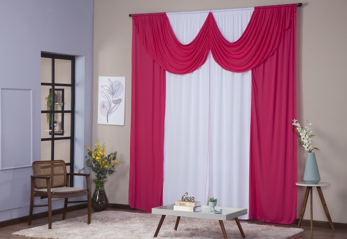 Cortina Paris 2,00 X 1,60 Sala Quarto Decoração com Bando Malha Gel Branco e Pink