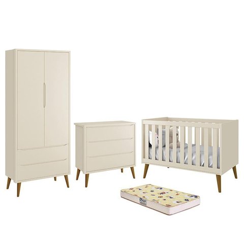 Dormitório Infantil Theo Retrô 2 Portas, Cômoda, Berço Areia Fosco com Pés Amadeirado e Colchã