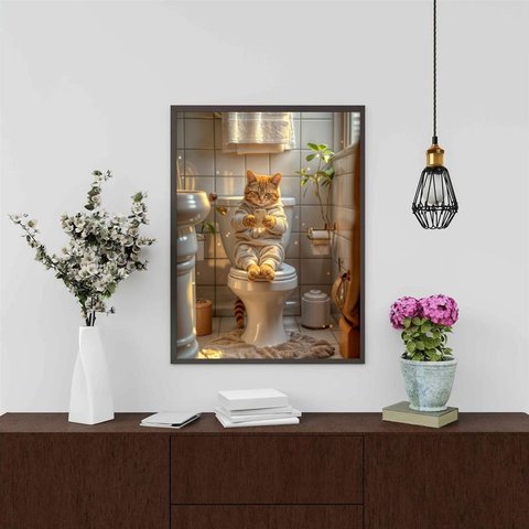 Quadro Banheiro Gatinho no Celular 24x18cm:moldura Preta