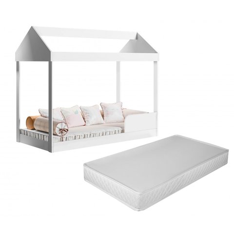 Cama Infantil Montessoriana Crystal Quarto Criança Casinha Grade de Proteção com Colchão Cor Branco