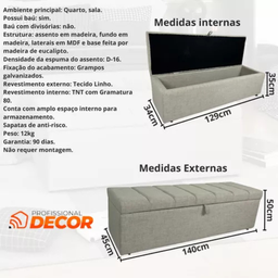 Calçadeira Baú Recamier Casal 140cm Carla Linho:bege - 5