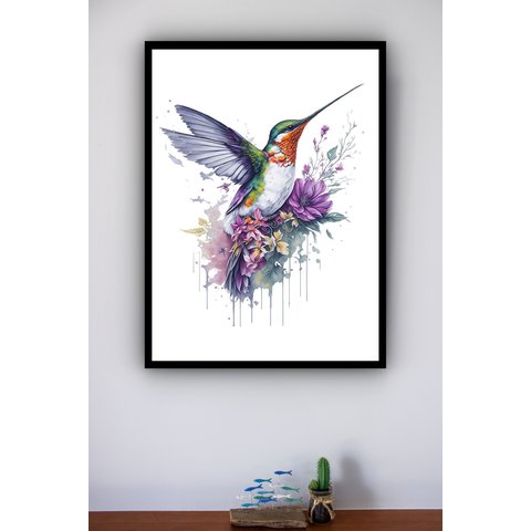 Quadro Decorativo Beija Flor Flores Lilás - 70x50cm:moldura Preta