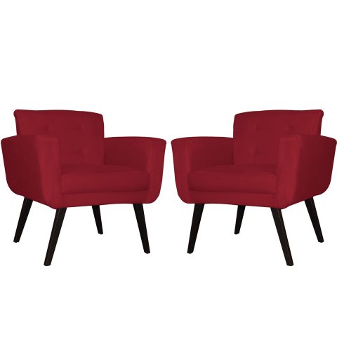 Kit 2 Poltronas Decorativa Geovana Suede Vermelho Pés Madeira Mz Decor