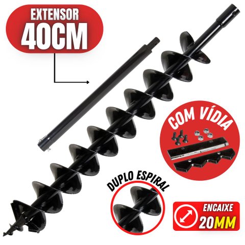 Broca de 80x10cm Com Lâmina de Vídia Espiral Duplo + Extensor 40cm Para Perfurado de Solo Buffalo