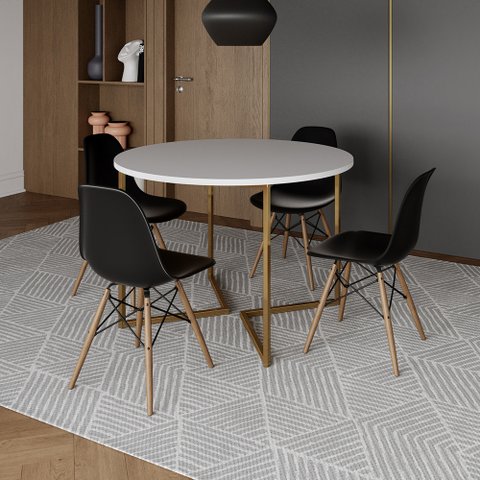 Mesa Jantar Industrial Redonda 110cm Branca Base V Dourada com 4 Cadeiras Eames Eiffel Madeira Preta