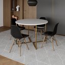 Ver imagem 1 de Mesa Jantar Industrial Redonda 110cm Branca Base V Dourada com 4 Cadeiras Eames Eiffel Madeira Preta