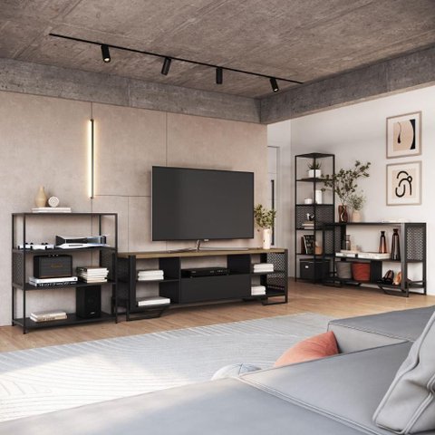 Rack com Gaveta Aparador e 2 Estantes Industrial Metal e MDP Preto com Mel Placa & Ponto